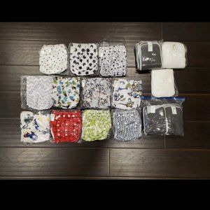 NEW~ Lot of 13 Reusable, Eco Friendly Diapers, With 20 Inserts, Unisex Patterns